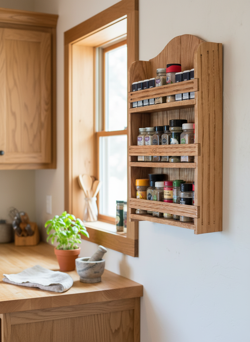 Hand Made Hardwood Spice Rack in kitchen setting